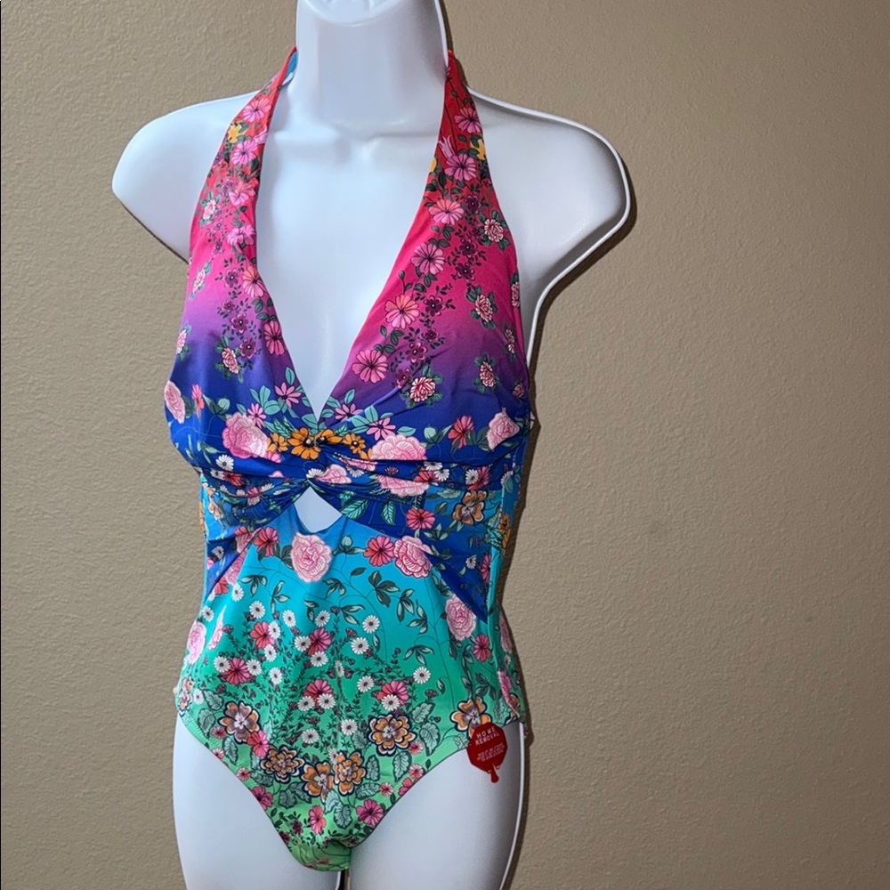 NWT $218 Johnny Was Women’s Twist Keyhole One Piece Swimsuit Multi-floral Size M